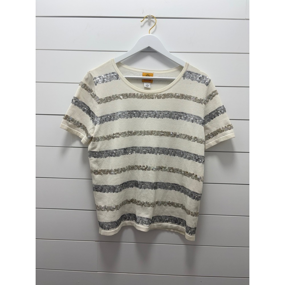 Ruby Rd. T-Shirt Women Large White Striped Sequin Short Sleeve Round Neck Top